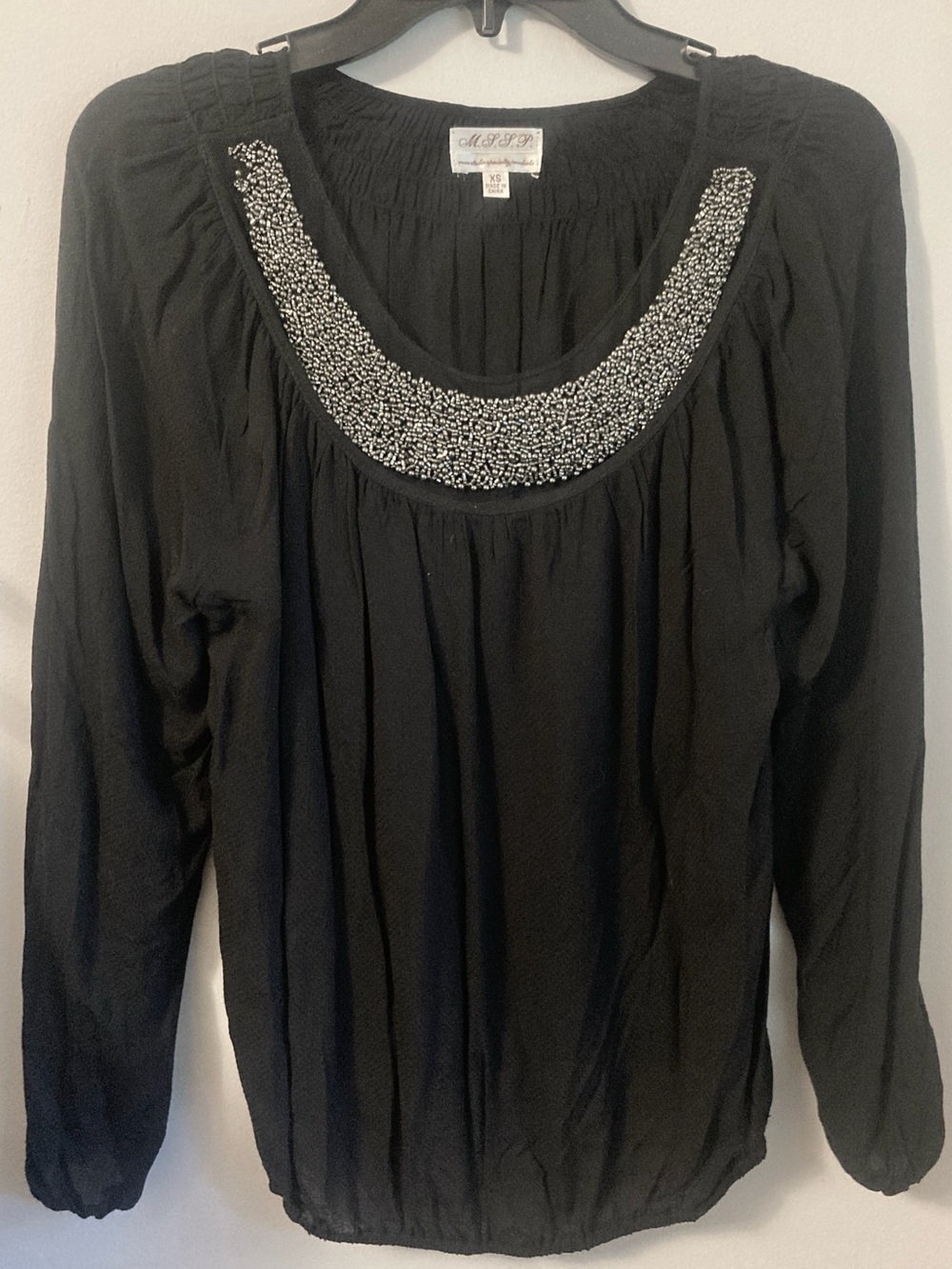 MSSP Max Studio Specialty Products Black Beaded Pleated Blouse Shirt Top Size XS